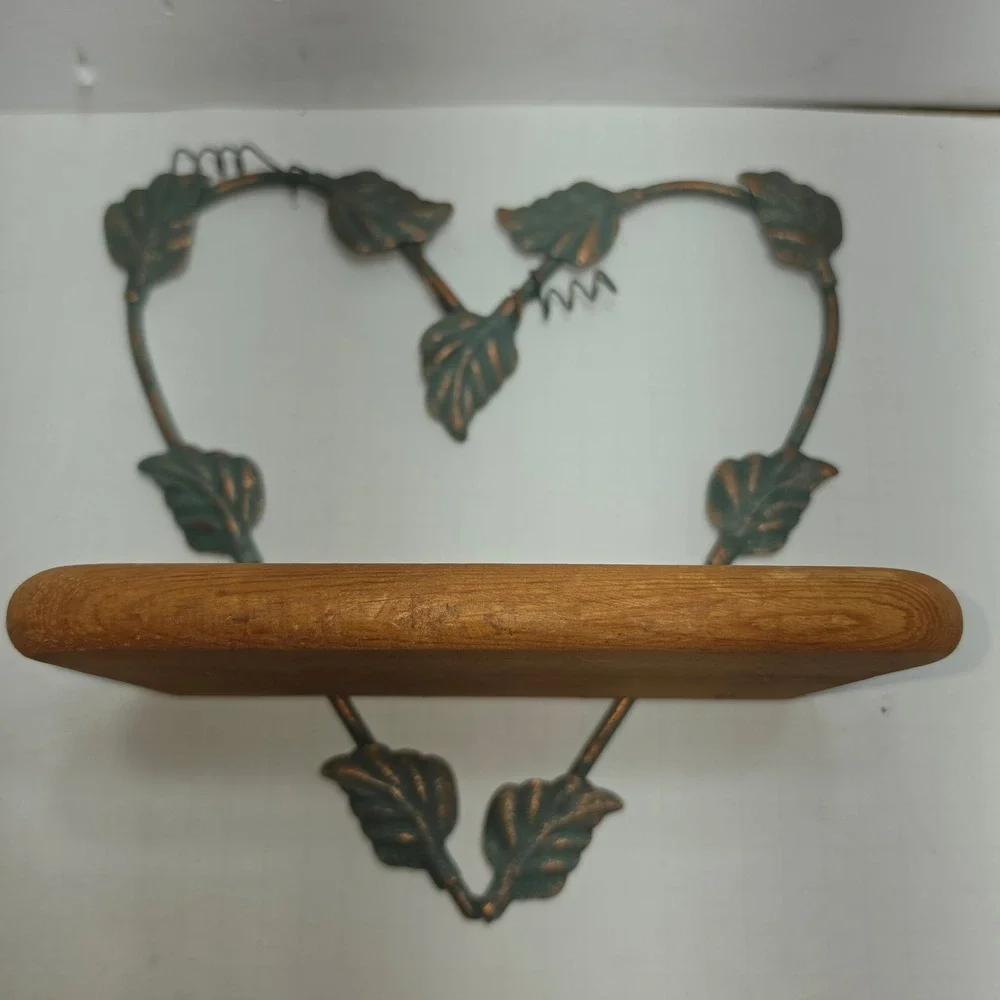 Vintage Heart Leaf Wall Shelf Verdigris Metal Copper Patina Wood Rustic Decor